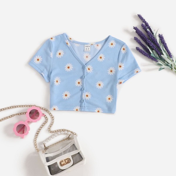 

Girls Single Breasted Daisy Floral Tee, Baby blue