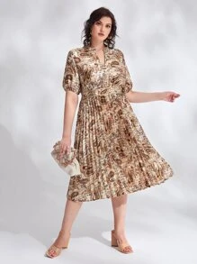 SHEIN Plus Paisley Print Notched Satin Dress - Multicolor - View 1