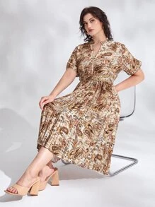 SHEIN Plus Paisley Print Notched Satin Dress - Multicolor - View 3