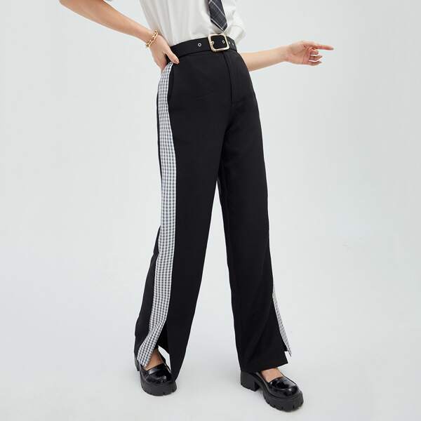 

Slant Pocket Contrast Side Seam Split Hem Pants Without Belt, Black