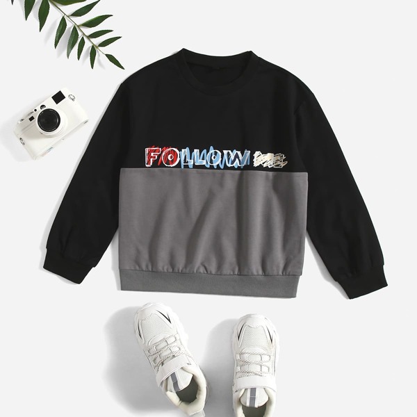 

Boys Colorblock Letter Print Round Neck Sweatshirt, Multicolor
