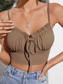 SHEIN Privé Áo hai dây viền lá sen Gân đan Thắt nơ trước Nếp gấp Phần Ngực màu trơn Boho - Lạc đà - Xem 1