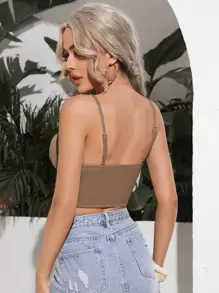 SHEIN Privé Áo hai dây viền lá sen Gân đan Thắt nơ trước Nếp gấp Phần Ngực màu trơn Boho - Lạc đà - Xem 2