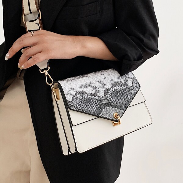 

Snakeskin Print Metal Lock Crossbody Bag, White