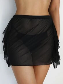 Tie Side Bikini Bottom With Beach Skirt - Black - View 1