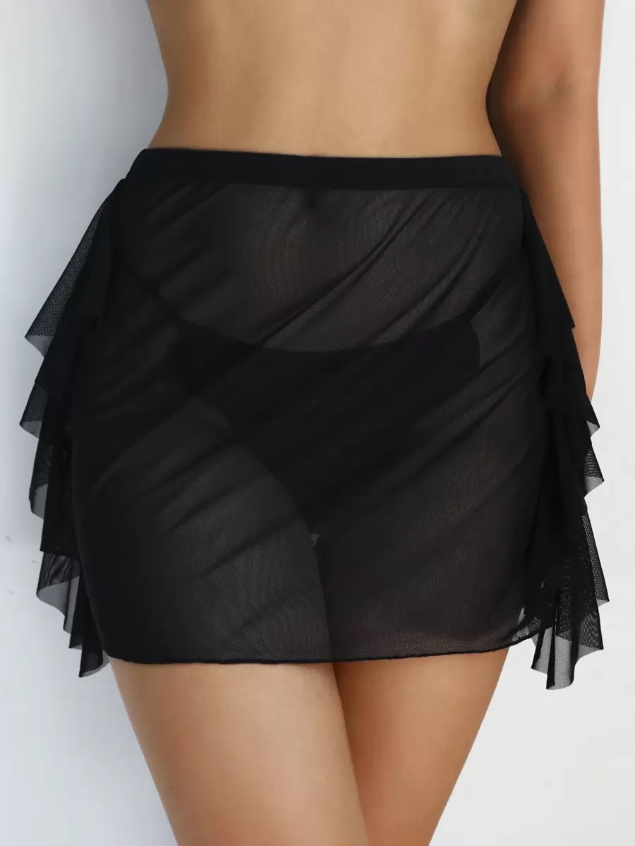 Tie Side Bikini Bottom With Beach Skirt - Black - View 1