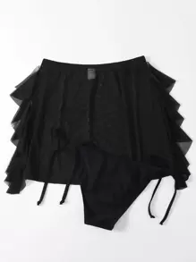 Tie Side Bikini Bottom With Beach Skirt - Black - View 2