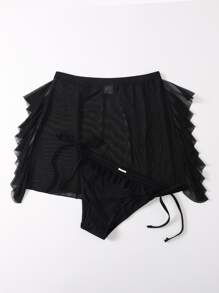 Tie Side Bikini Bottom With Beach Skirt - Black - View 3