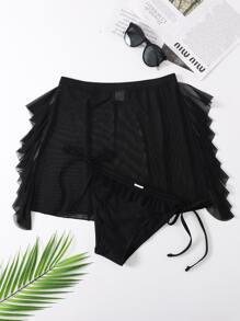 Tie Side Bikini Bottom With Beach Skirt - Black - View 4
