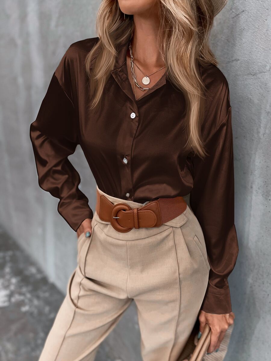 SHEIN Frenchy Satin Solid Button Through Drop Shoulder Shirt - Chocolate Brown - View 1
