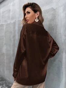 SHEIN Frenchy Satin Solid Button Through Drop Shoulder Shirt - Chocolate Brown - View 2