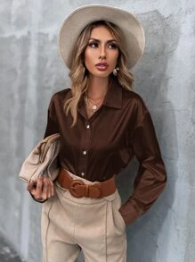 SHEIN Frenchy Satin Solid Button Through Drop Shoulder Shirt - Chocolate Brown - View 3
