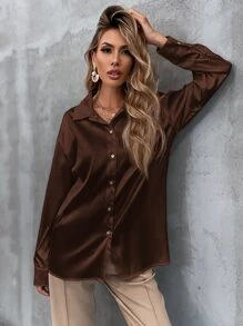 SHEIN Frenchy Satin Solid Button Through Drop Shoulder Shirt - Chocolate Brown - View 5