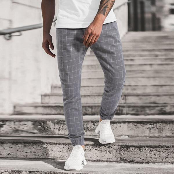 

Men Plaid Drawstring Waist Pants, Grey