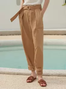 SHEIN LINEN CROPPED TAPERED TROUSERS - Khaki - View 1