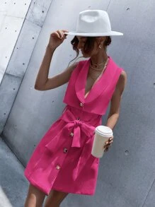 Solid Belted Sleeveless Button Front Dress - Hot Pink - View 1