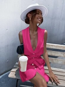 Solid Belted Sleeveless Button Front Dress - Hot Pink - View 4