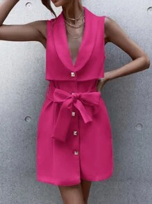Solid Belted Sleeveless Button Front Dress - Hot Pink - View 6