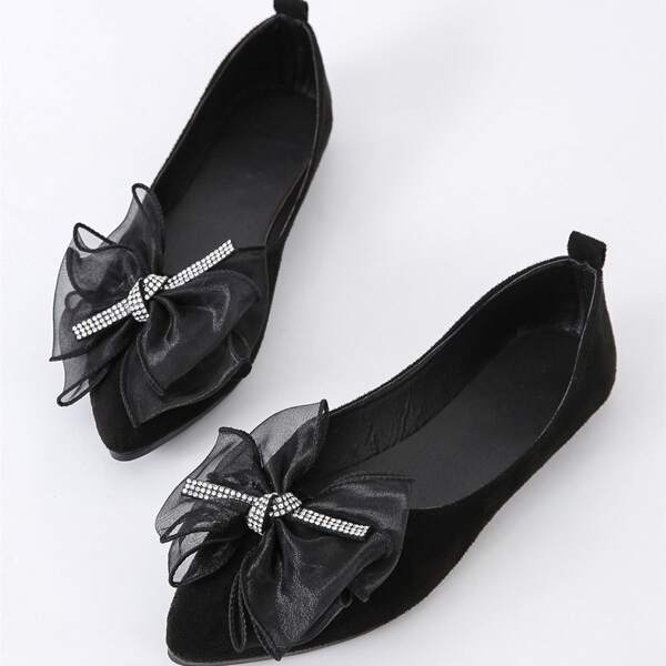 

Rhinestone & Bow Decor Ballet Flats, Black