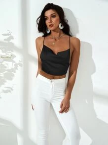 Satin Criss Cross Backless Halter Top - Black - View 6