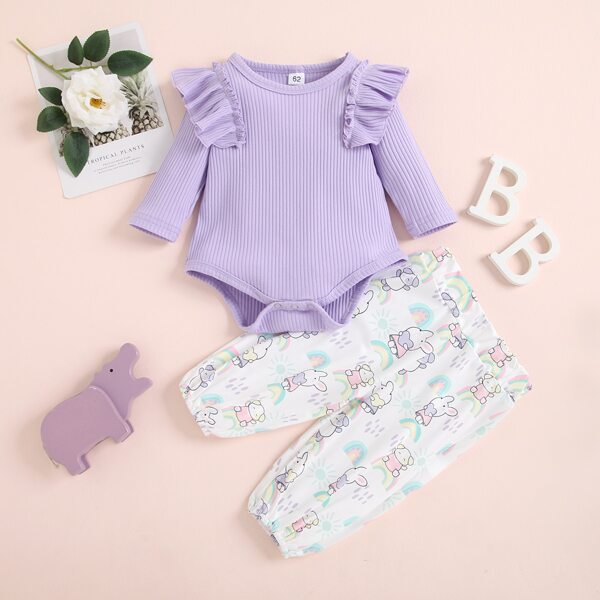 

Baby Ruffle Trim Bodysuit & Cartoon Graphic Sweatpants, Multicolor
