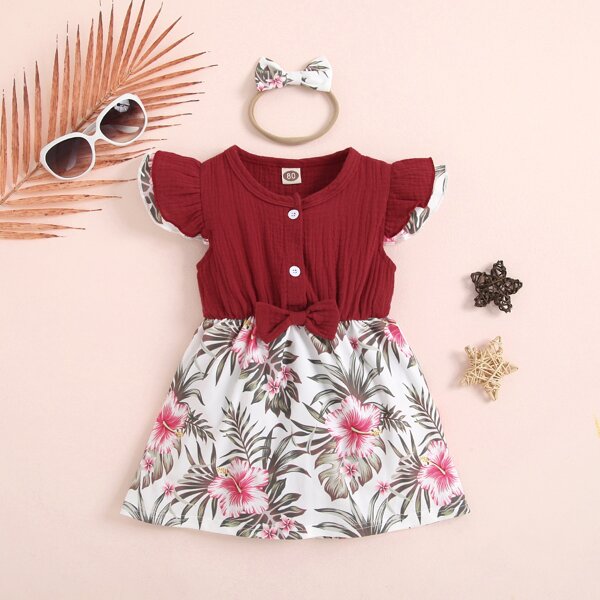 

Baby Girl Topical Print Bow Front Dress With Headband, Multicolor