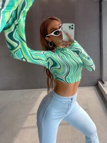 SHEIN Unity 滿版印花小高領短款T恤 - 彩色 - 查看 8