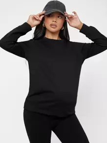 SHEIN Maternity Solid Round Neck Pullover, For Winter - Black - View 1