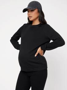 SHEIN Maternity Solid Round Neck Pullover, For Winter - Black - View 3