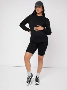 SHEIN Maternity Solid Round Neck Pullover, For Winter - Black - View 4