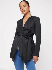 SHEIN Maternity Waterfall Collar Belted Open Front Coat - Black - View 2
