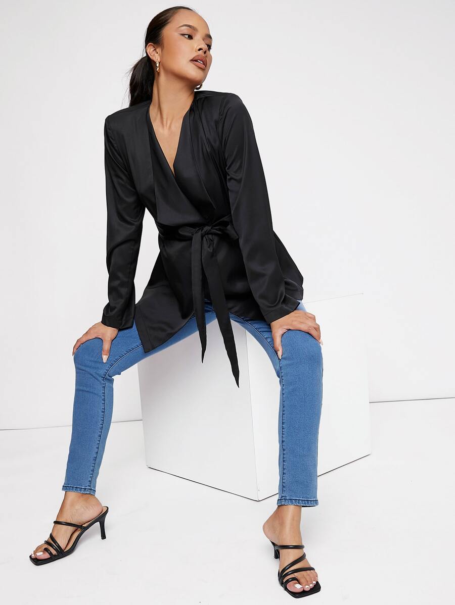 SHEIN Maternity Waterfall Collar Belted Open Front Coat - Black - View 1