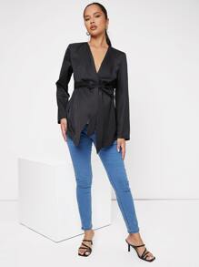 SHEIN Maternity Waterfall Collar Belted Open Front Coat - Black - View 4
