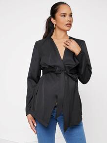 SHEIN Maternity Waterfall Collar Belted Open Front Coat - Black - View 5