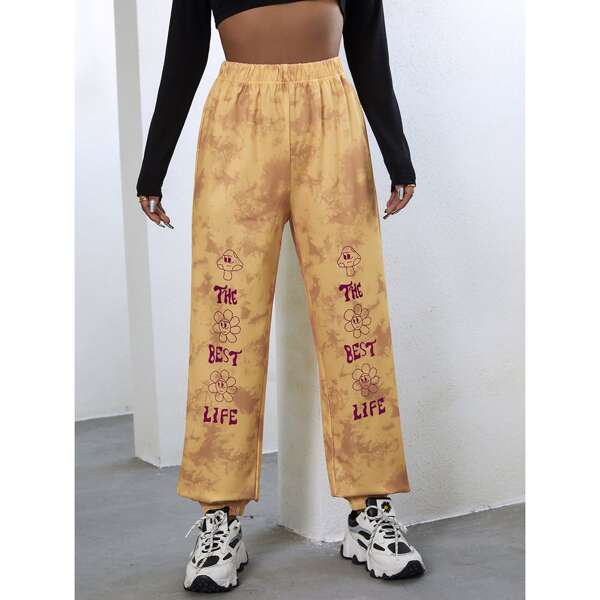 

Letter & Cartoon Graphic Tie Dye Sweatpants, Multicolor
