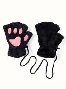 長毛絨露指手套 - 黑色 - 查看 2