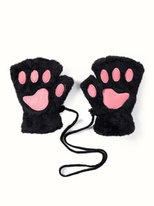 長毛絨露指手套 - 黑色 - 查看 3