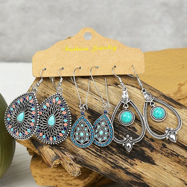 

3pairs Stone Decor Water Drop Earrings, Multicolor