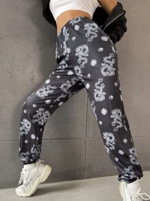 Elastic Waist Chinese Dragon Print Trousers - Black - View 7