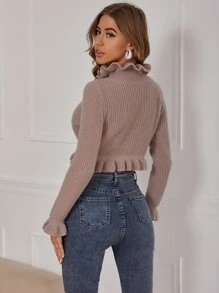 Ruffle Hem Stand Collar Rib-knit Crop Jumper - Khaki - View 2