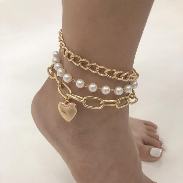 

3pcs Faux Pearl Decor Anklet, Gold