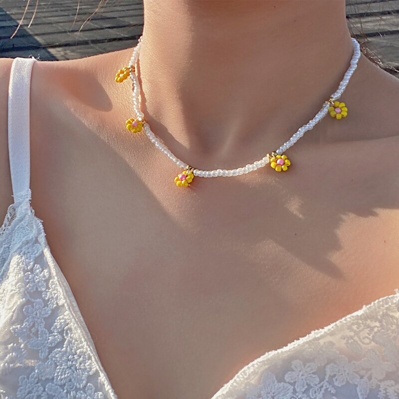 

Floral Beaded Necklace, Yellow