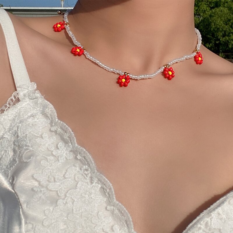 

Floral Beaded Necklace, Red