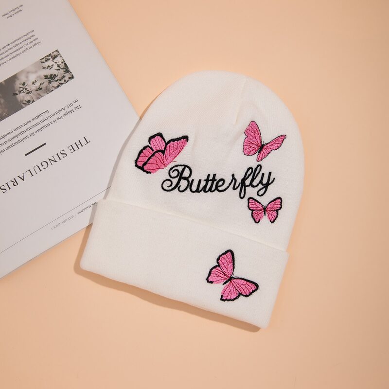 

Butterfly Embroidery Knit Hat, White