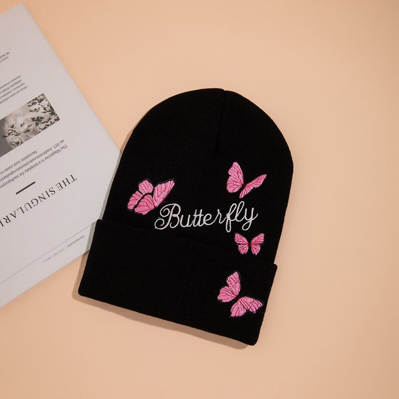 

Butterfly Embroidery Knit Hat, Black