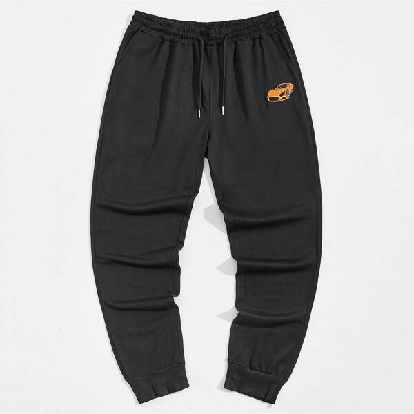 

Men Car Embroidery Drawstring Waist Sweatpants, Black