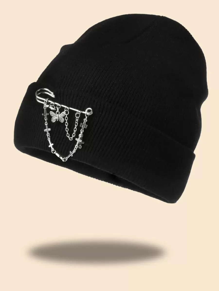 1pc Women's Winter Warm Knit Hat With Butterfly Decor, Fashion Versatile Ski Cap Unisex - Black - View 1