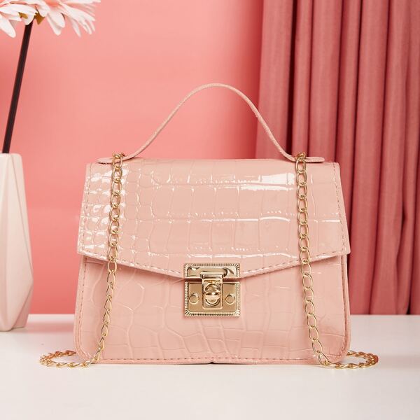 

Croc Embossed Flap Square Bag, Pink