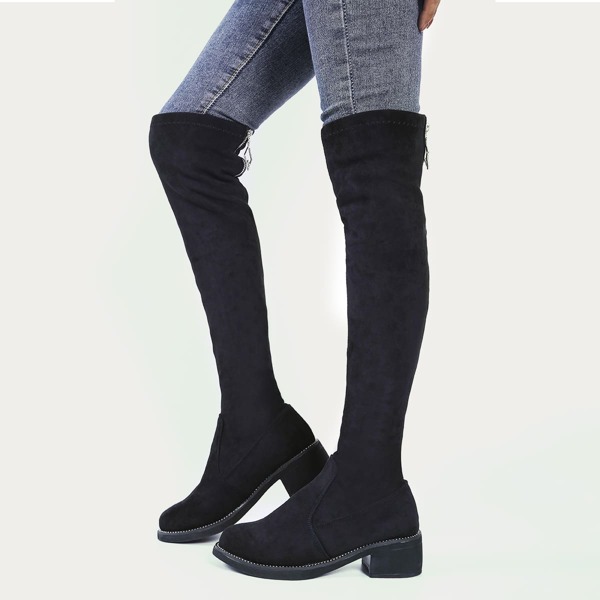 

Minimalist Back Zipper Chunky Heeled Boots, Black