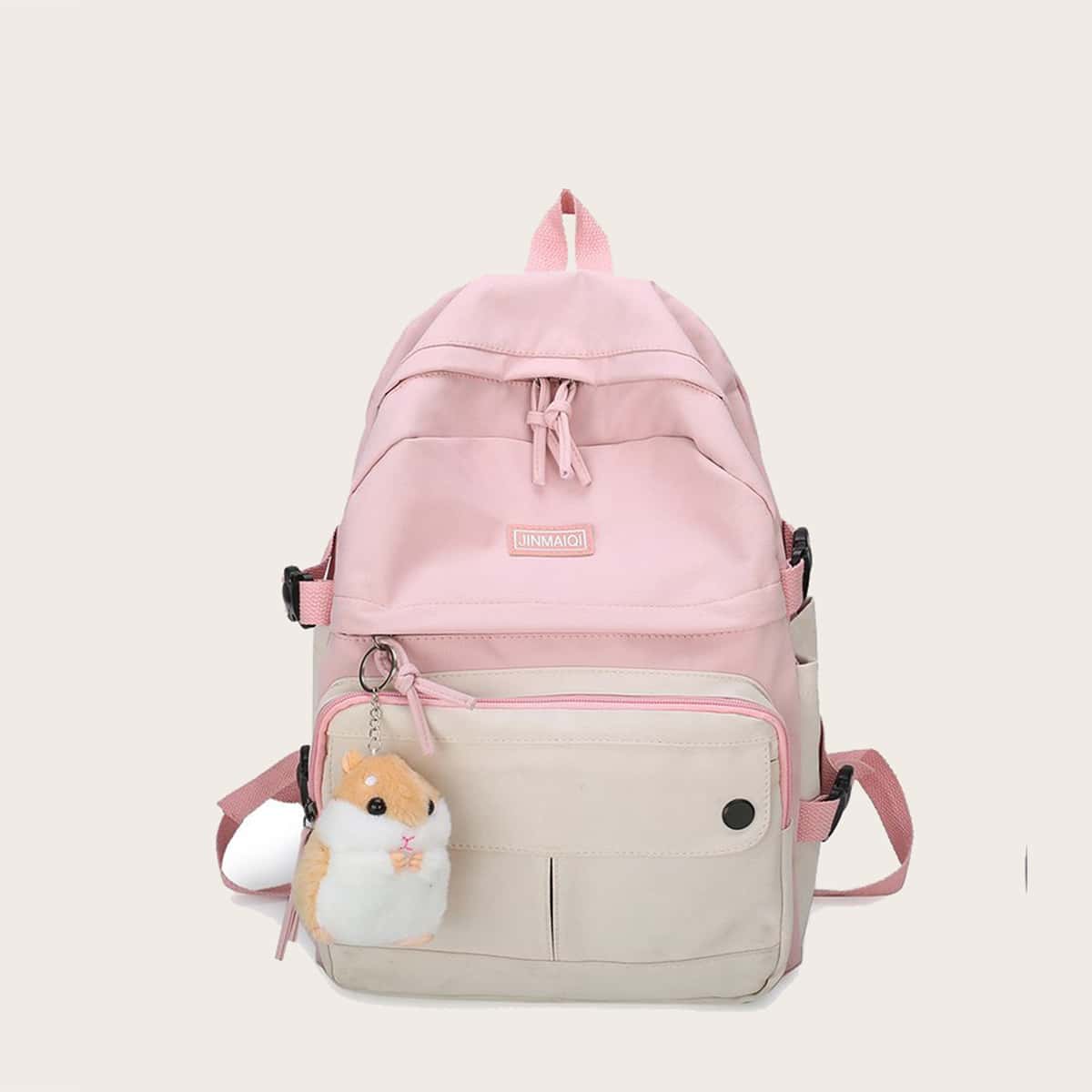 

Colorblock Backpack with Cartoon Charm, Pink
